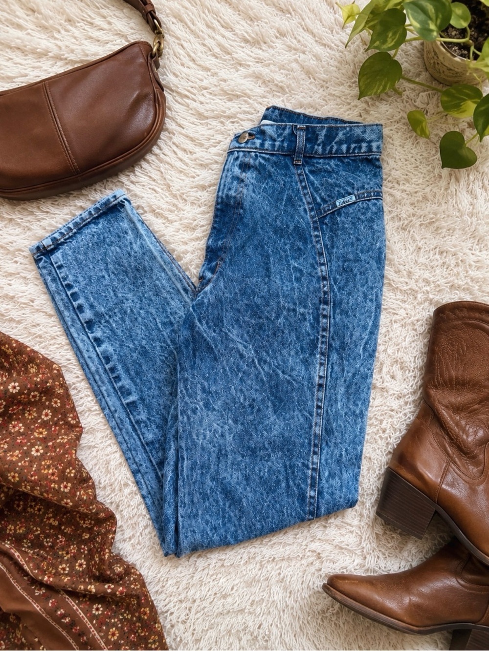 Vintage High-Waist Acid Wash Tapered Leg Jeans Long Inseam